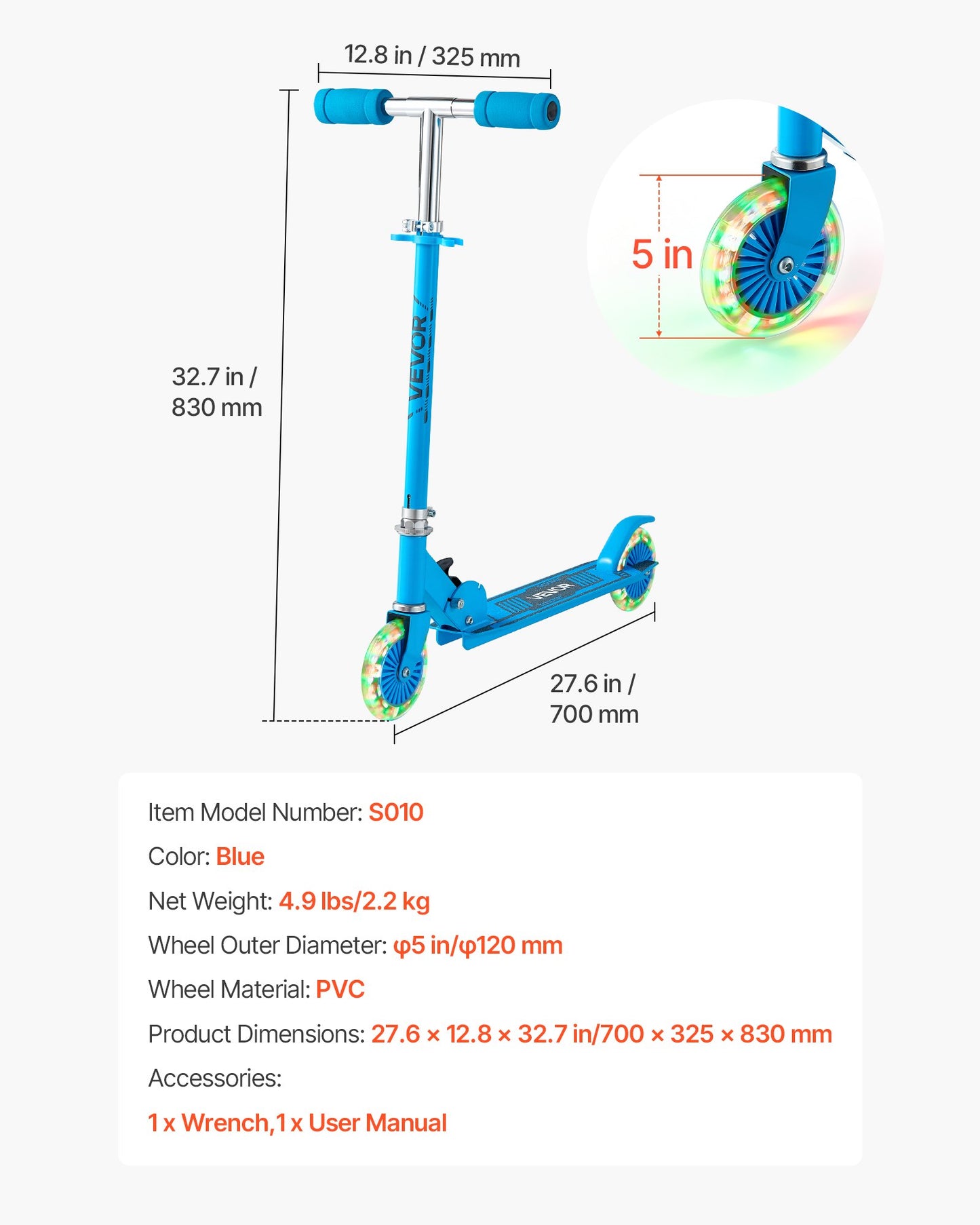 Sparkcykel för barn från 3 år, 2-hjulig sparkcykel med upplysta hjul, justerbart styre, brett halkfritt däck, hopfällbar lättviktsram för pojkar och flickor upp till 49,9 kg, blå