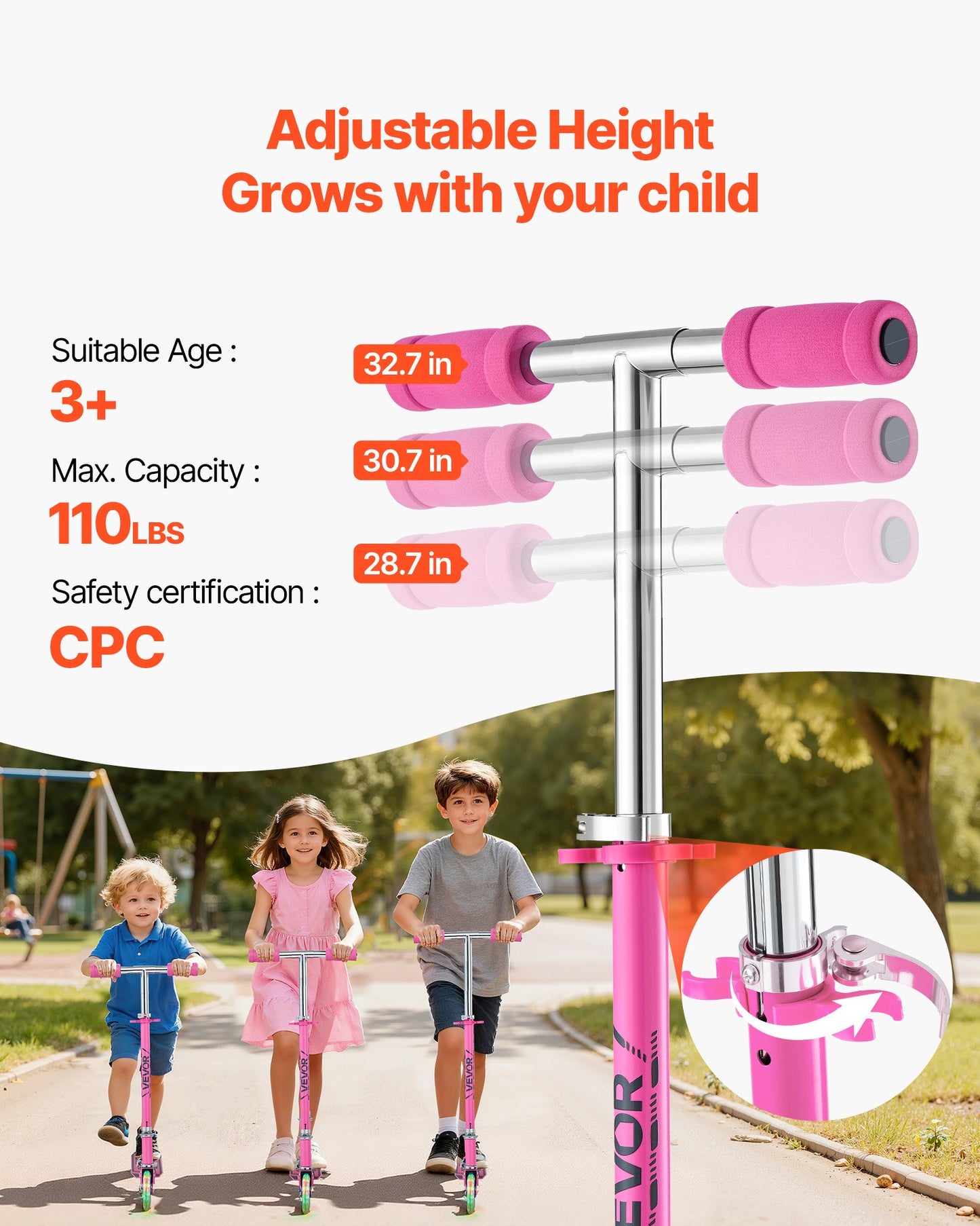 Kick Scooter for Kids Ages 3+, 2-Wheel Toddler Scooter with Light-Up Wheels, Adjustable Height Handlebar, Wide Anti-Slip Deck, Foldable Lightweight Frame for Boys and Girls up to 49.9 kg, Pink