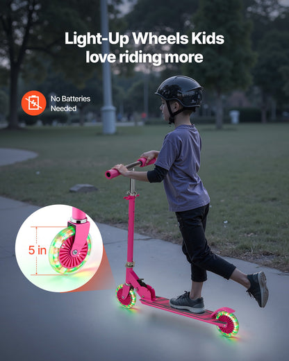 Kick Scooter for Kids Ages 3+, 2-Wheel Toddler Scooter with Light-Up Wheels, Adjustable Height Handlebar, Wide Anti-Slip Deck, Foldable Lightweight Frame for Boys and Girls up to 49.9 kg, Pink
