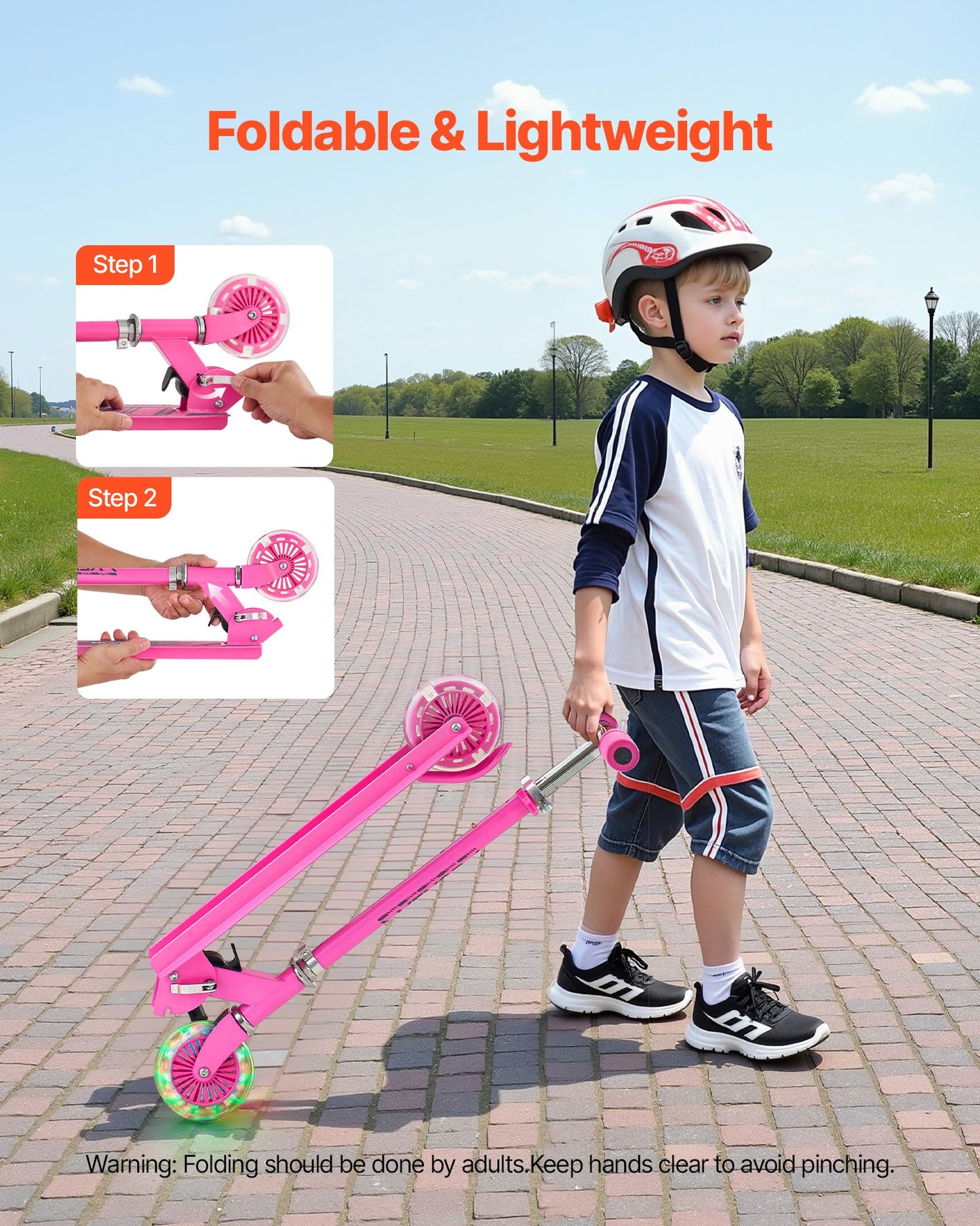 Kick Scooter for Kids Ages 3+, 2-Wheel Toddler Scooter with Light-Up Wheels, Adjustable Height Handlebar, Wide Anti-Slip Deck, Foldable Lightweight Frame for Boys and Girls up to 49.9 kg, Pink