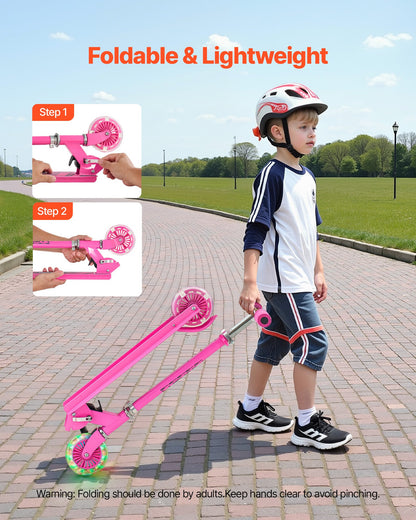 Kick Scooter for Kids Ages 3+, 2-Wheel Toddler Scooter with Light-Up Wheels, Adjustable Height Handlebar, Wide Anti-Slip Deck, Foldable Lightweight Frame for Boys and Girls up to 49.9 kg, Pink