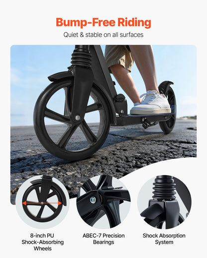 Kick Scooter for Kids Ages 8+, Teens & Adults, 2-Wheel Toddler Scooter with Adjustable Height Handlebar, Wide Anti-Slip Deck, Foldable Lightweight for Boys & Girls up to 99.8 kg, Black + Purple