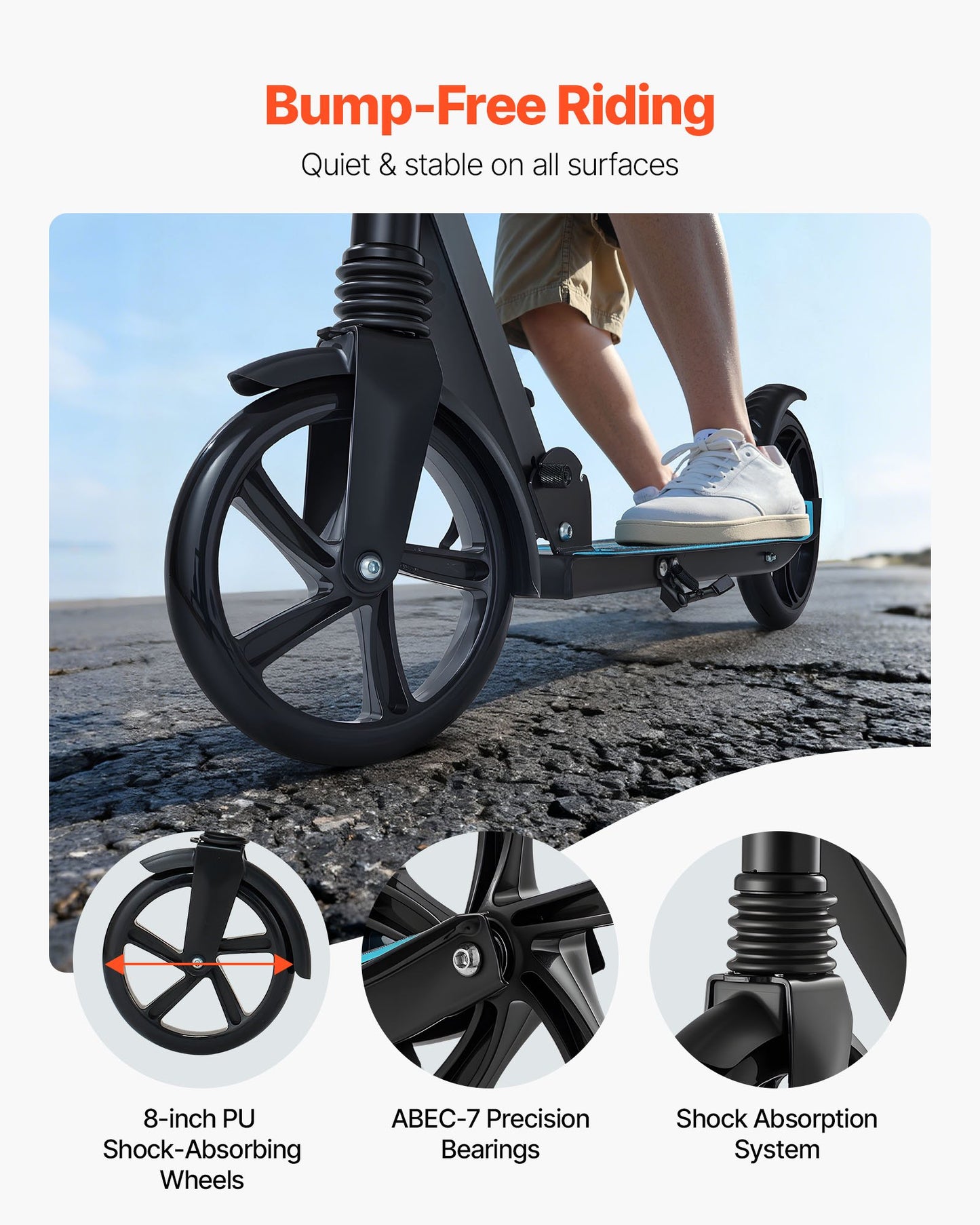 Kick Scooter for Kids Ages 8+, Teens & Adults, 2-Wheel Toddler Scooter with Adjustable Height Handlebar, Wide Anti-Slip Deck, Foldable Lightweight for Boys & Girls up to 99.8 kg, Black + Blue