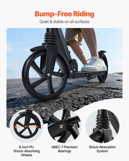 Kick Scooter for Kids Ages 8+, Teens & Adults, 2-Wheel Toddler Scooter with Adjustable Height Handlebar, Wide Anti-Slip Deck, Foldable Lightweight for Boys & Girls up to 99.8 kg, Black + Blue