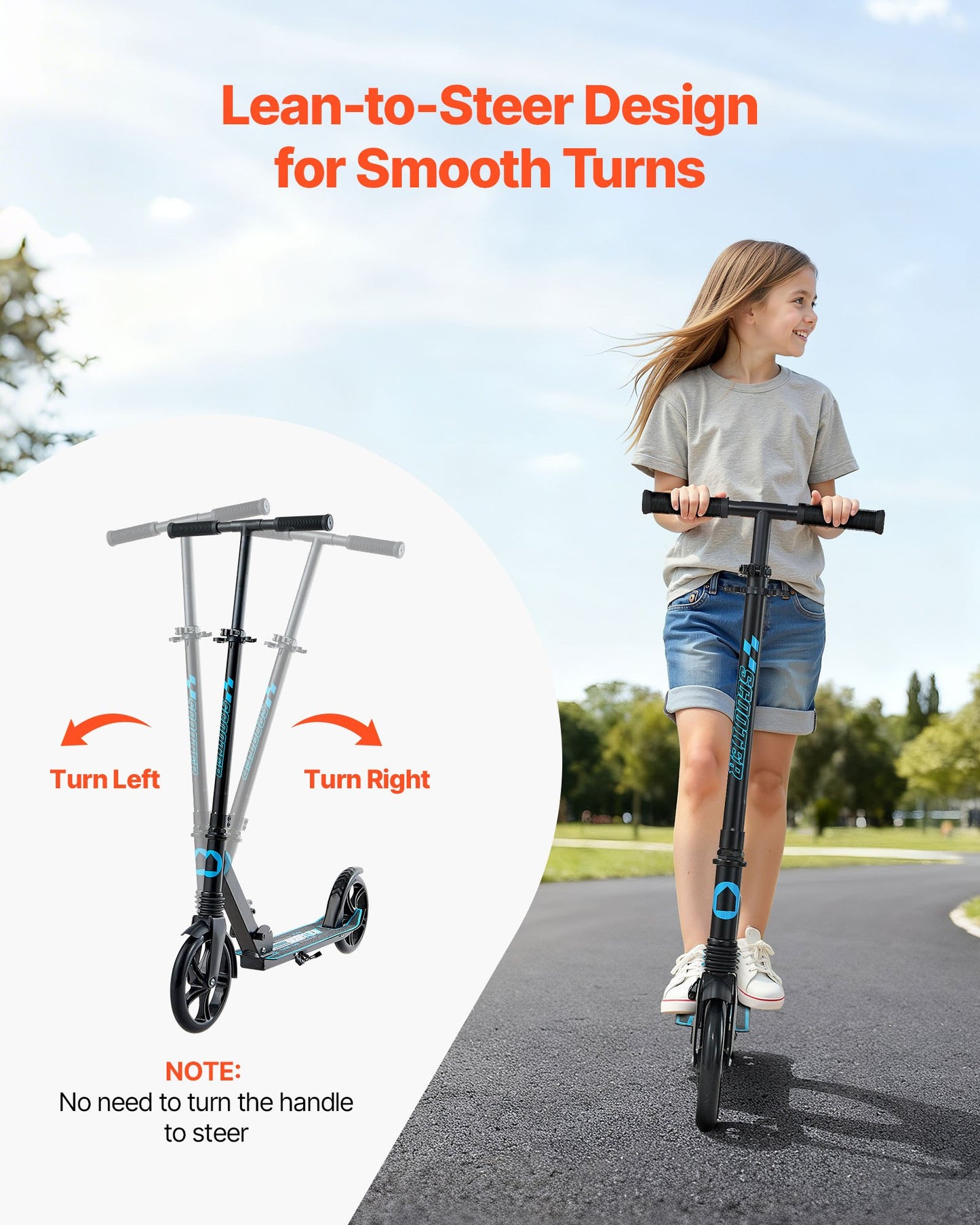 Kick Scooter for Kids Ages 8+, Teens & Adults, 2-Wheel Toddler Scooter with Adjustable Height Handlebar, Wide Anti-Slip Deck, Foldable Lightweight for Boys & Girls up to 99.8 kg, Black + Blue