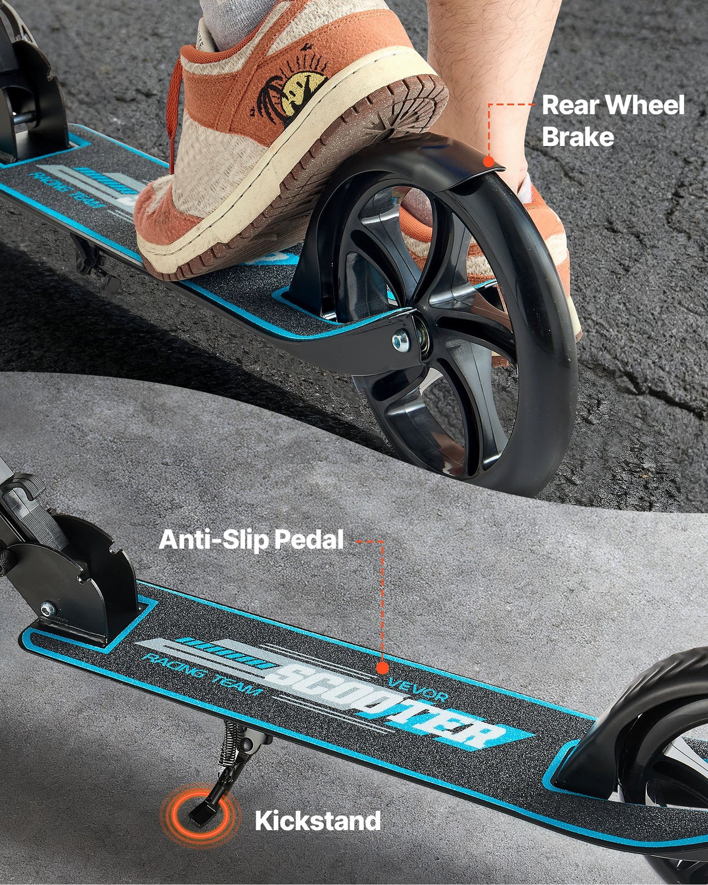 Kick Scooter for Kids Ages 8+, Teens & Adults, 2-Wheel Toddler Scooter with Adjustable Height Handlebar, Wide Anti-Slip Deck, Foldable Lightweight for Boys & Girls up to 99.8 kg, Black + Blue