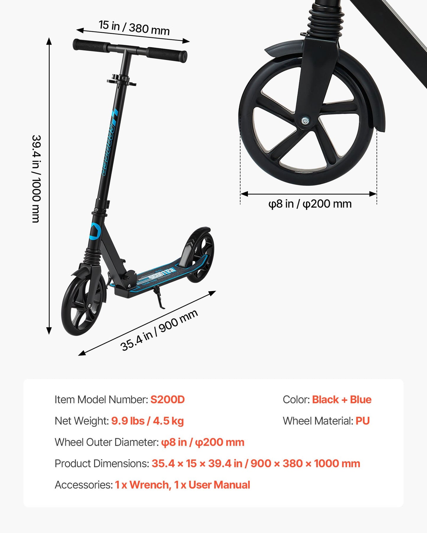 Kick Scooter for Kids Ages 8+, Teens & Adults, 2-Wheel Toddler Scooter with Adjustable Height Handlebar, Wide Anti-Slip Deck, Foldable Lightweight for Boys & Girls up to 99.8 kg, Black + Blue