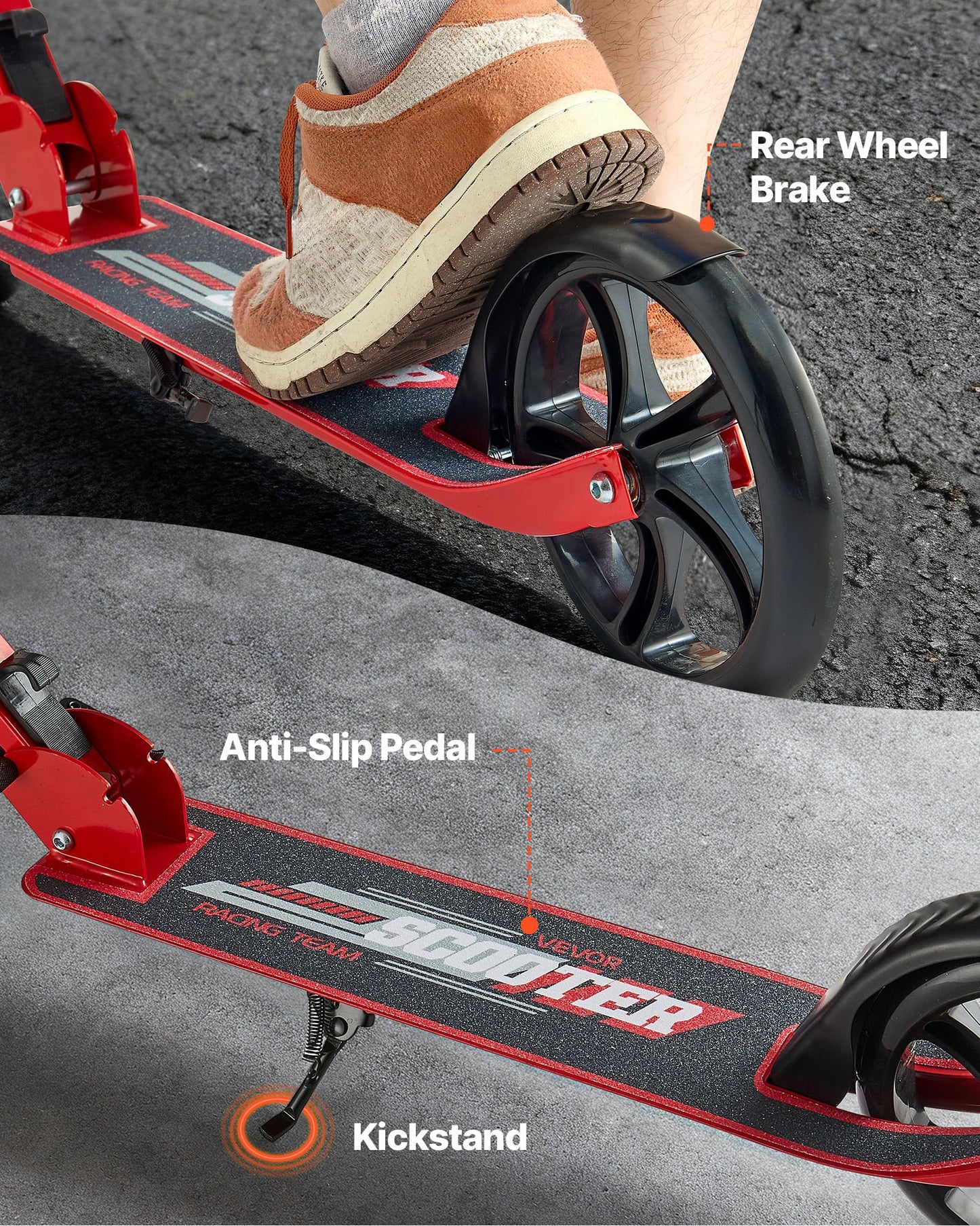 Sparkcykel för barn från 8 år, tonåringar och vuxna, 2-hjulig sparkcykel för småbarn med justerbart styre, brett halkfritt däck, hopfällbar, lättviktig för pojkar och flickor upp till 99,8 kg, röd + svart