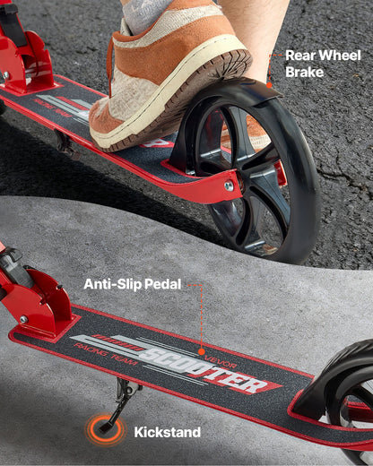 Sparkcykel för barn från 8 år, tonåringar och vuxna, 2-hjulig sparkcykel för småbarn med justerbart styre, brett halkfritt däck, hopfällbar, lättviktig för pojkar och flickor upp till 99,8 kg, röd + svart