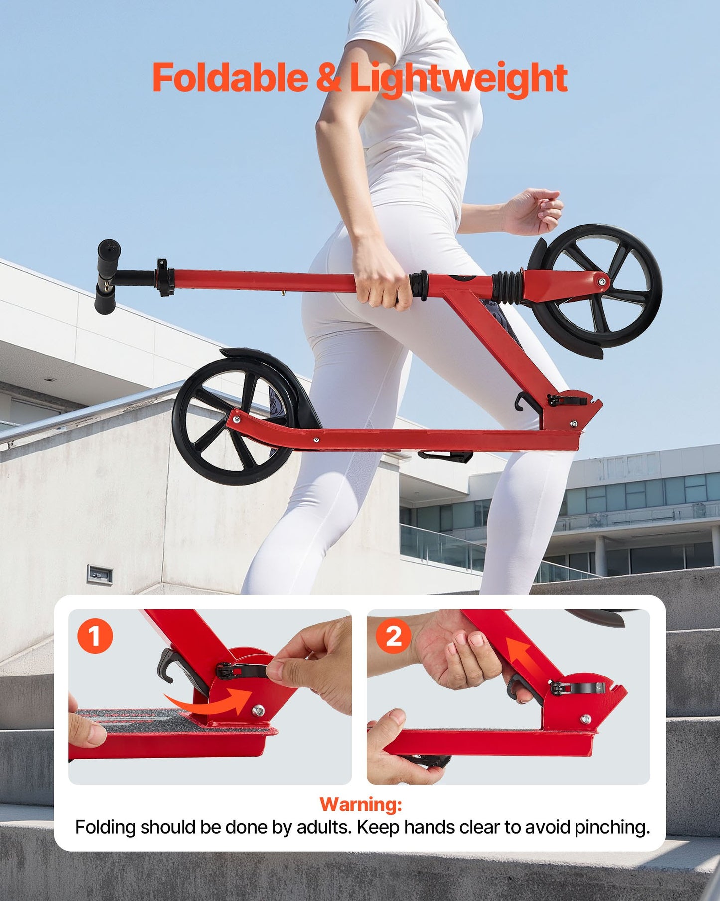 Sparkcykel för barn från 8 år, tonåringar och vuxna, 2-hjulig sparkcykel för småbarn med justerbart styre, brett halkfritt däck, hopfällbar, lättviktig för pojkar och flickor upp till 99,8 kg, röd + svart