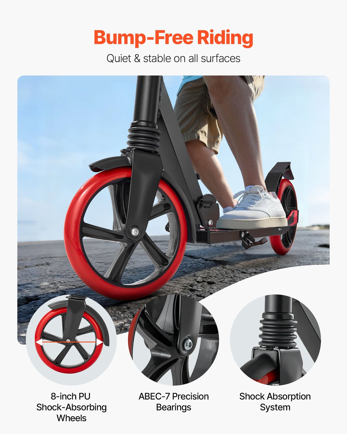 Kick Scooter for Kids Ages 8+, Teens & Adults, 2-Wheel Toddler Scooter with Adjustable Height Handlebar, Wide Anti-Slip Deck, Foldable Lightweight for Boys & Girls up to 99.8 kg, Black + Red