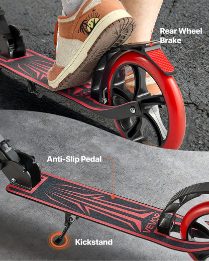 Kick Scooter for Kids Ages 8+, Teens & Adults, 2-Wheel Toddler Scooter with Adjustable Height Handlebar, Wide Anti-Slip Deck, Foldable Lightweight for Boys & Girls up to 99.8 kg, Black + Red