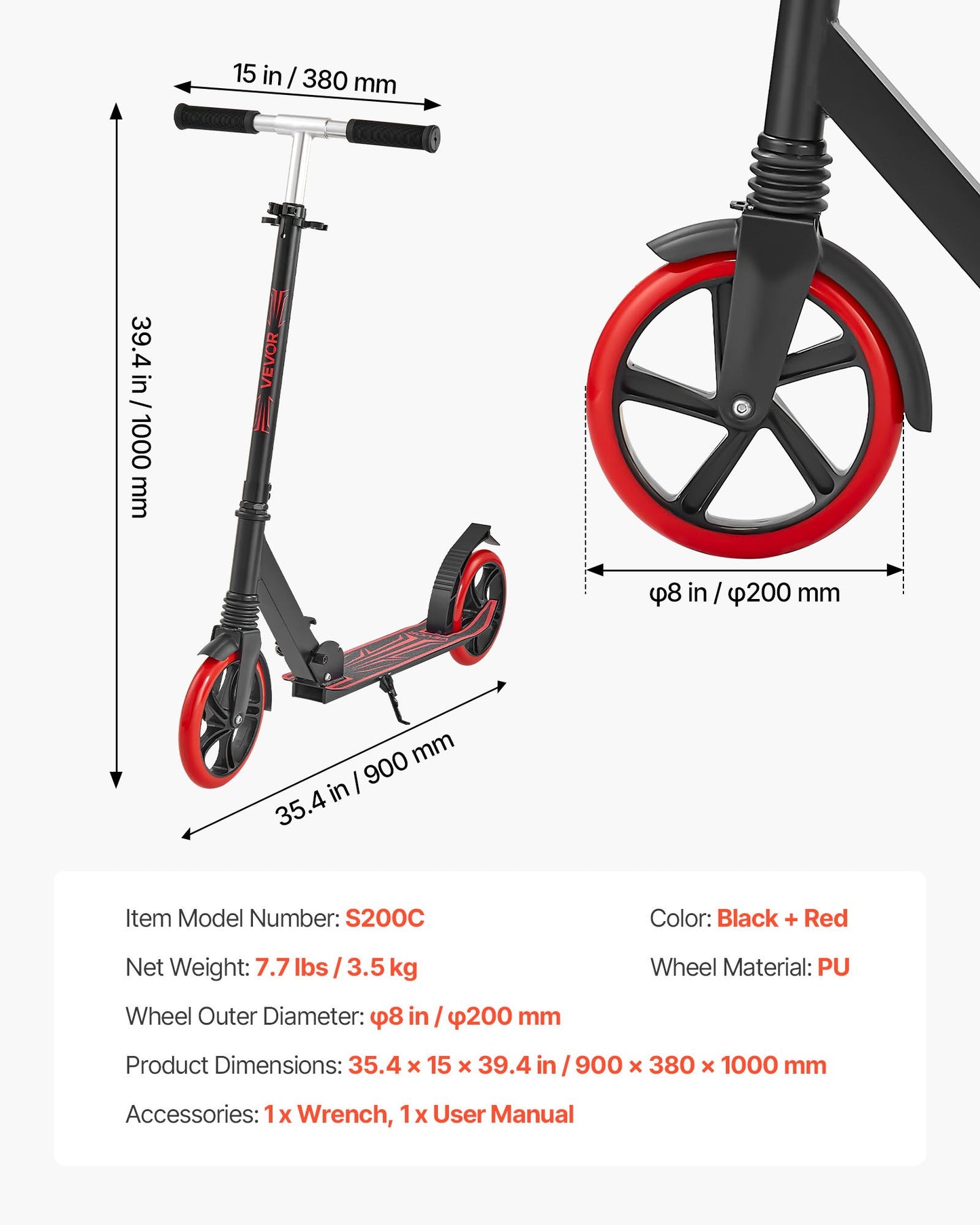 Kick Scooter for Kids Ages 8+, Teens & Adults, 2-Wheel Toddler Scooter with Adjustable Height Handlebar, Wide Anti-Slip Deck, Foldable Lightweight for Boys & Girls up to 99.8 kg, Black + Red