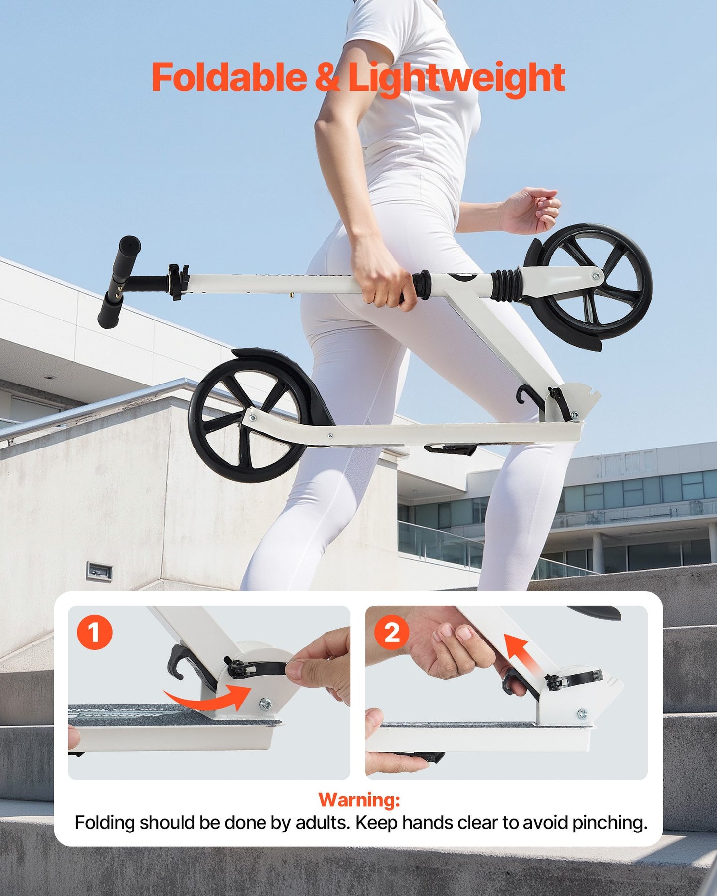 Sparkcykel för barn från 8 år, tonåringar och vuxna, 2-hjulig sparkcykel för småbarn med justerbart styre, brett halkfritt däck, hopfällbar, lättviktig för pojkar och flickor upp till 99,8 kg, vit + svart