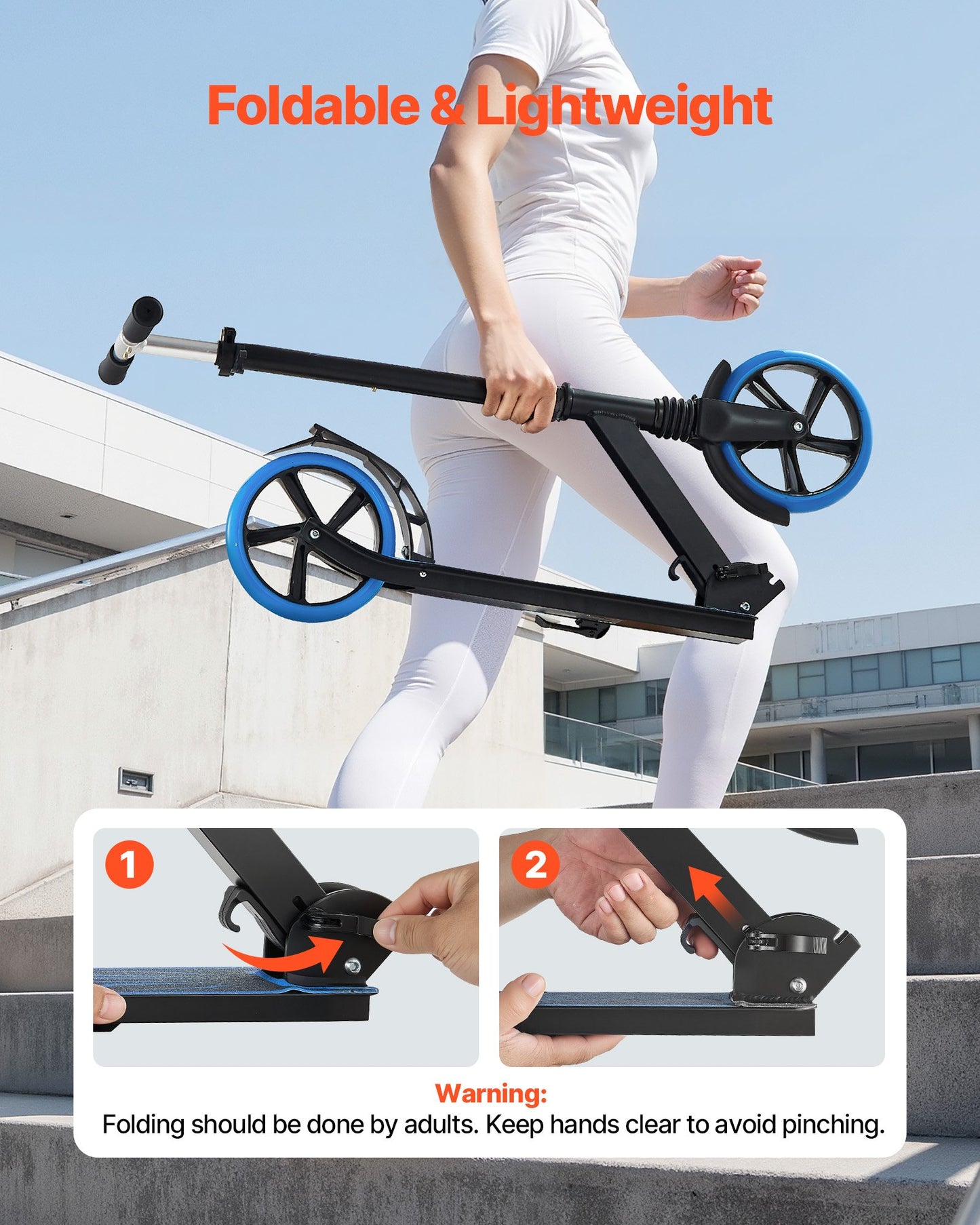 Sparkcykel för barn från 8 år, tonåringar och vuxna, 2-hjulig sparkcykel för småbarn med justerbart styre, brett halkfritt däck, hopfällbar lättviktsram för pojkar och flickor upp till 99,8 kg, blå