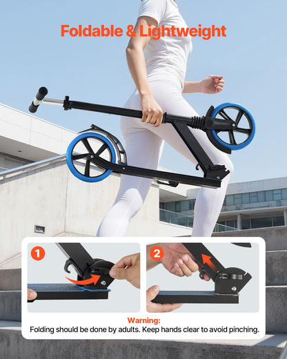 Sparkcykel för barn från 8 år, tonåringar och vuxna, 2-hjulig sparkcykel för småbarn med justerbart styre, brett halkfritt däck, hopfällbar lättviktsram för pojkar och flickor upp till 99,8 kg, blå