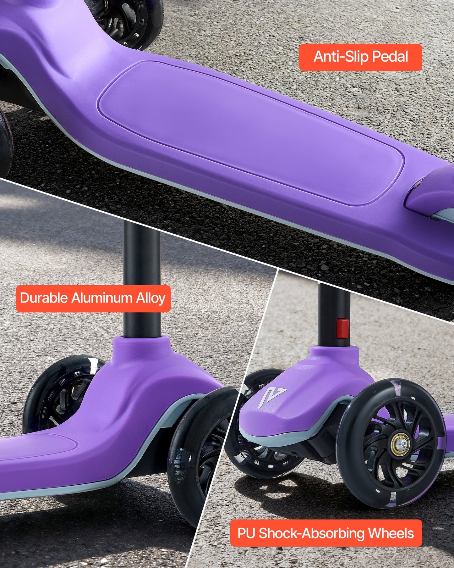 Kick Scooter for Kids Ages 3+, 3-Wheel Toddler Scooter with Light-Up Wheels, Adjustable Height Handlebar, Wide Anti-Slip Deck, Lightweight Aluminum Frame for Boys & Girls up to 74.8 kg, Purple