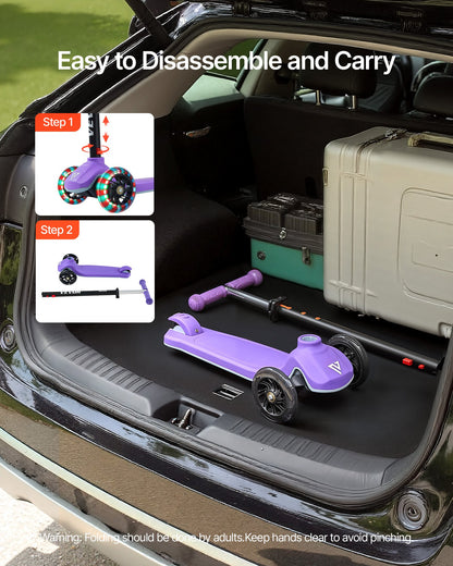 Kick Scooter for Kids Ages 3+, 3-Wheel Toddler Scooter with Light-Up Wheels, Adjustable Height Handlebar, Wide Anti-Slip Deck, Lightweight Aluminum Frame for Boys & Girls up to 74.8 kg, Purple