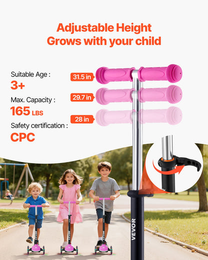 Sparkcykel för barn från 3 år, 3-hjulig sparkcykel med upplysta hjul, justerbart styre, brett halkfritt däck, lätt aluminiumram för pojkar och flickor upp till 74,8 kg, rosa