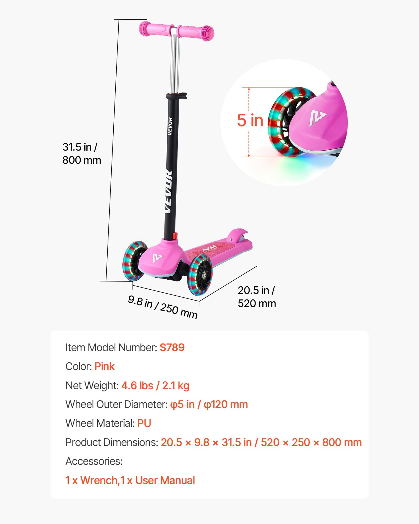 Sparkcykel för barn från 3 år, 3-hjulig sparkcykel med upplysta hjul, justerbart styre, brett halkfritt däck, lätt aluminiumram för pojkar och flickor upp till 74,8 kg, rosa