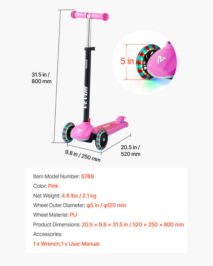 Sparkcykel för barn från 3 år, 3-hjulig sparkcykel med upplysta hjul, justerbart styre, brett halkfritt däck, lätt aluminiumram för pojkar och flickor upp till 74,8 kg, rosa