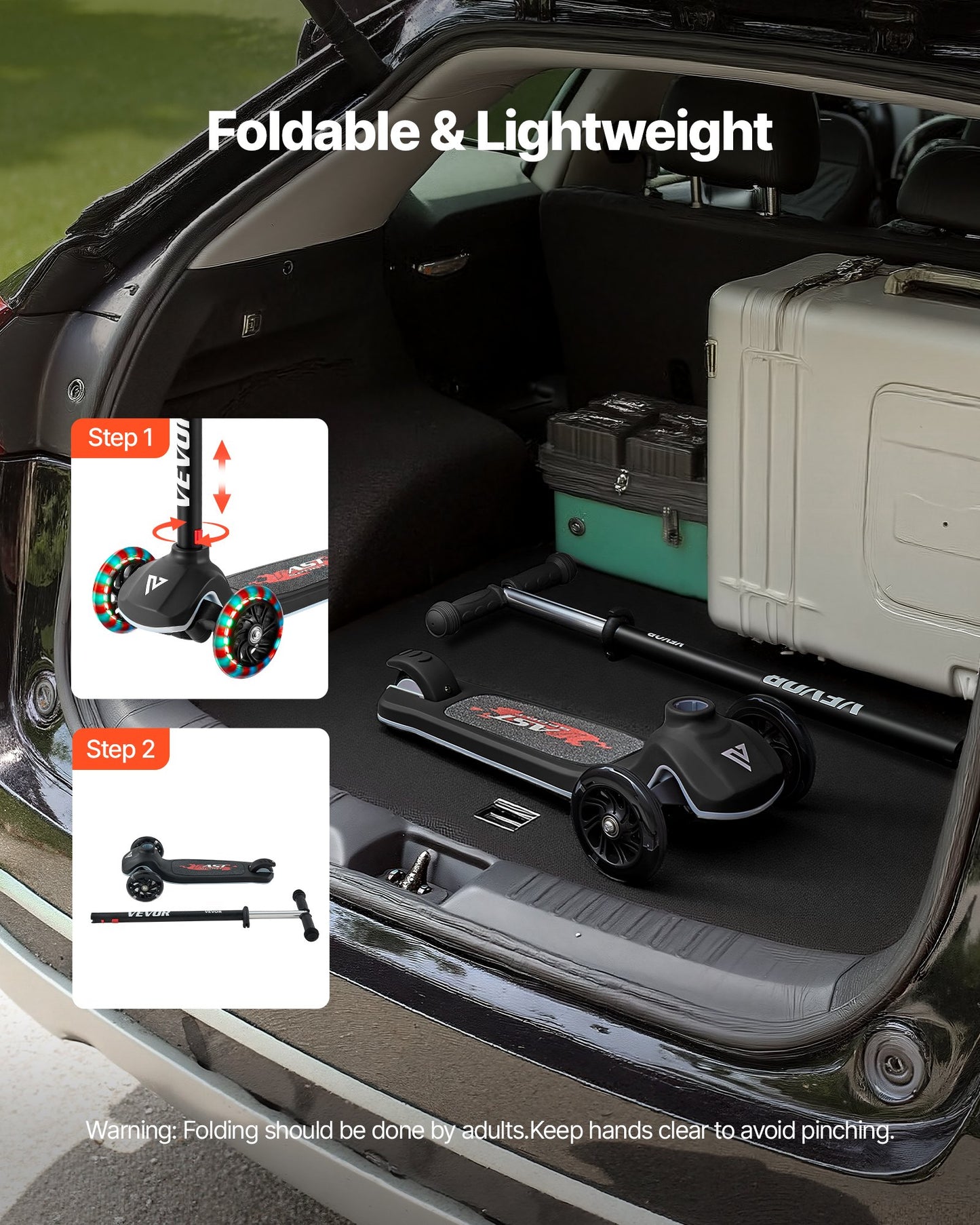 Sparkcykel för barn från 3 år, 3-hjulig sparkcykel med upplysta hjul, justerbart styre, brett halkfritt däck, lätt aluminiumram för pojkar och flickor upp till 74,8 kg, svart