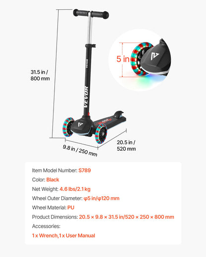 Sparkcykel för barn från 3 år, 3-hjulig sparkcykel med upplysta hjul, justerbart styre, brett halkfritt däck, lätt aluminiumram för pojkar och flickor upp till 74,8 kg, svart
