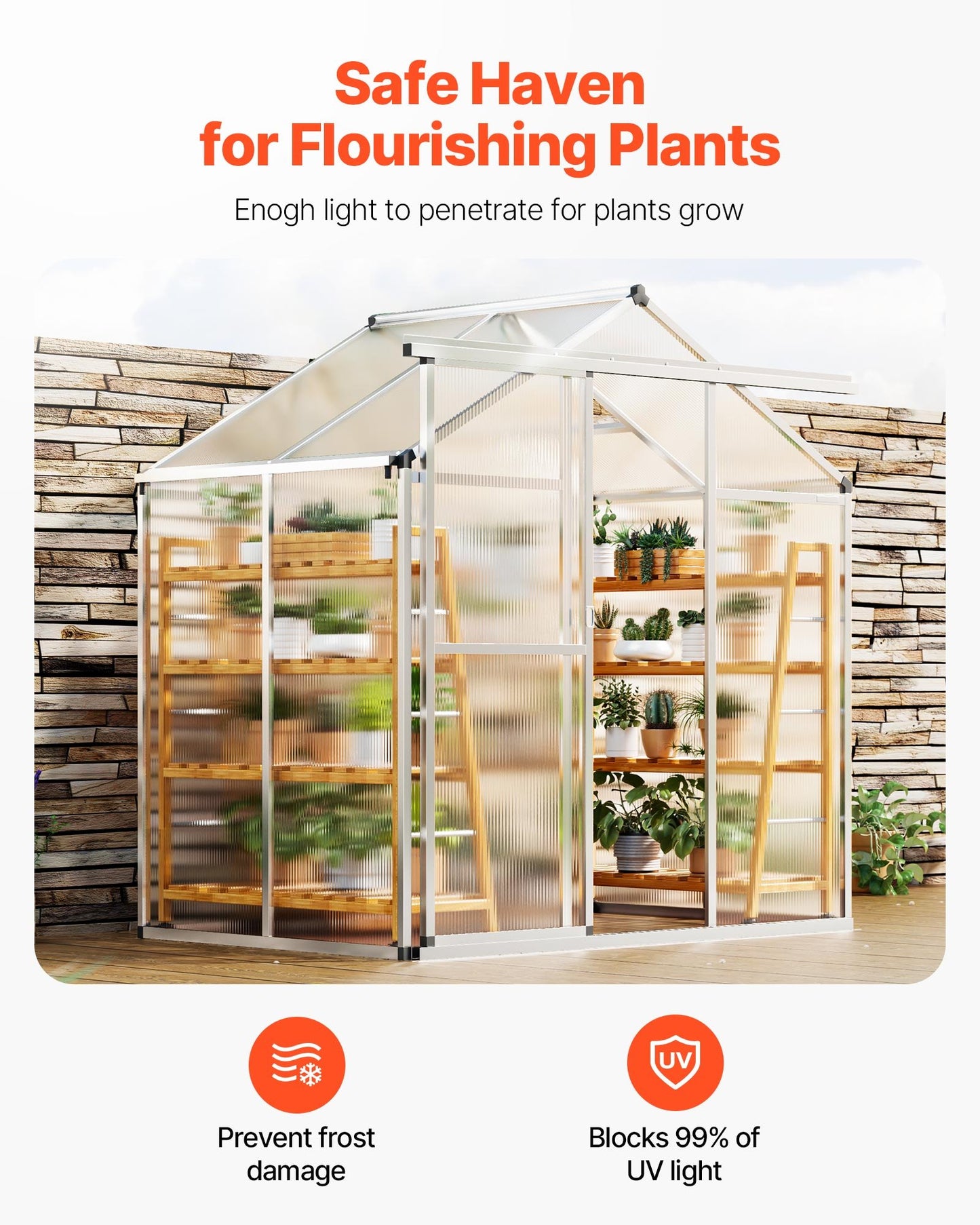 Polycarbonate Greenhouse, 6 x 4 Ft, Outdoor Greenhouse with Adjustable Vent Windows, Pavilion Styled Greenhouse with Sliding Door, Aluminum Large Walk-in Greenhouse Kit for Garden Backyard