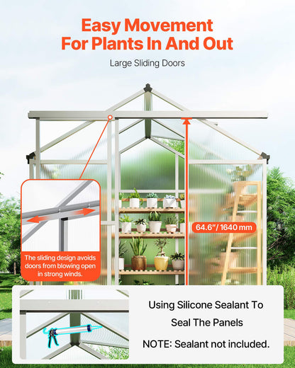 Polycarbonate Greenhouse, 6 x 4 Ft, Outdoor Greenhouse with Adjustable Vent Windows, Pavilion Styled Greenhouse with Sliding Door, Aluminum Large Walk-in Greenhouse Kit for Garden Backyard