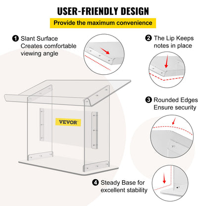 Tabletop Acrylic Podium 19.5" Tall Plexiglass Podium 27"x13.7" Table Acrylic Pulpits for Churches Slanted Surface with Lip for Book Holder Clear Lectern for Lecture Recital Speech & Presentation