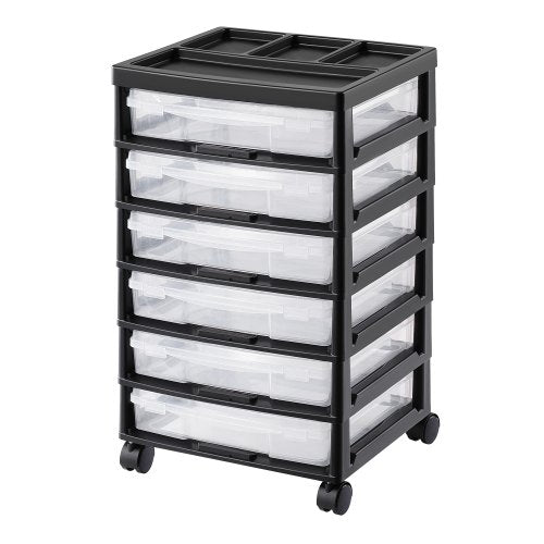 Scrapbook Rolling Storage Cart, 6-Tier Large Capacity with Organizer Top, Black Frame with 6 Clear Cases and 4 Removable Wheels, Storage Organizer Rolling Cart for Arts and Crafts Supplies