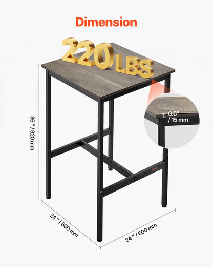 Bar Table, Sturdy Metal Frame High Top Pub Table, Small Kitchen Dining, Cocktail Coffee Counter Bar Height Desk, Easy to Assemble, 24x24x36 in, for Living Room Party, Rustic Brown and Black