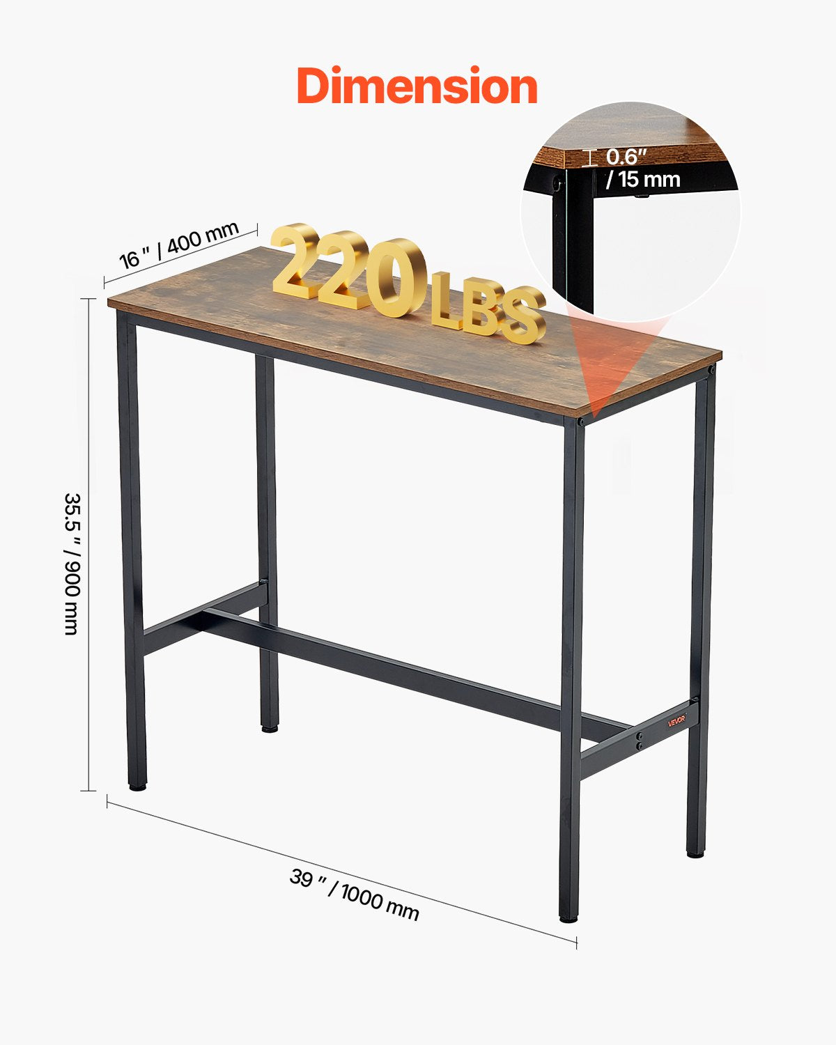 Bar Table, Sturdy Metal Frame High Top Pub Table, Narrow Long Kitchen Dining, Cocktail Counter Bar Height Desk, Easy to Assemble,39x16x35.5 in, for Living Room Party, Rustic Brown and Black