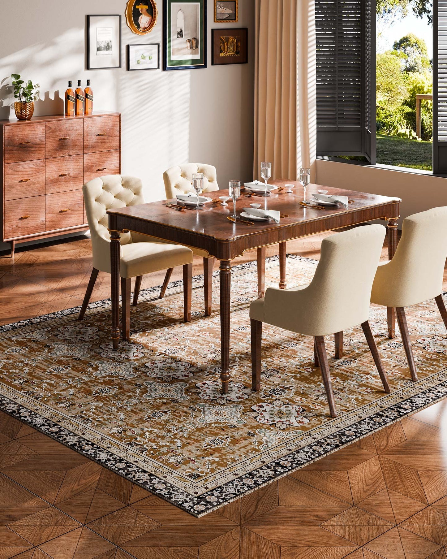 Area Rug, 8 x 10 ft Large Washable Rug, Non-Slip and Tear-Resistant Soft Carpet, Pet & Child Friendly Vintage Area Rugs, Indoor Mat for Bedroom, Living Room, Kids Room, Office, Brown Green