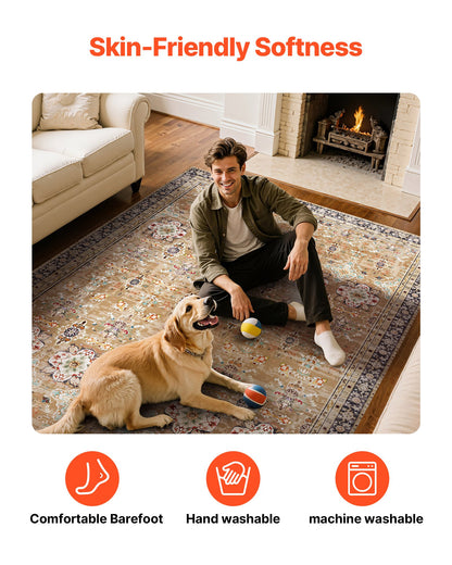 Area Rug, 8 x 10 ft Large Washable Rug, Non-Slip and Tear-Resistant Soft Carpet, Pet & Child Friendly Vintage Area Rugs, Indoor Mat for Bedroom, Living Room, Kids Room, Office, Brown Green