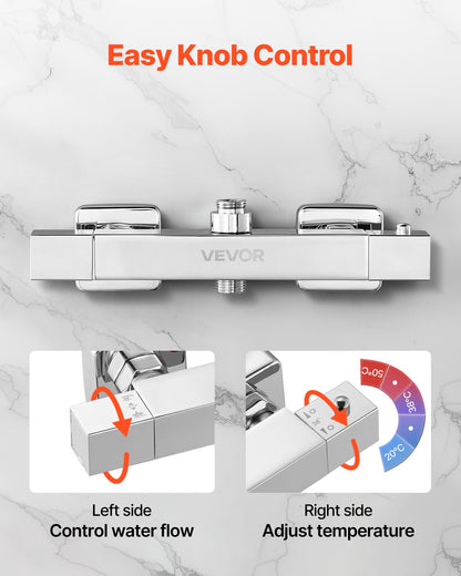 Thermostatic Shower Faucet Valve, 38℃ Secure Lock Thermostatic Shower Faucet Valve, Hot Cold Water Showering Faucets Temperature Control Valves for Bathroom, RV, Hotel, Two Holes & Chrome Silver