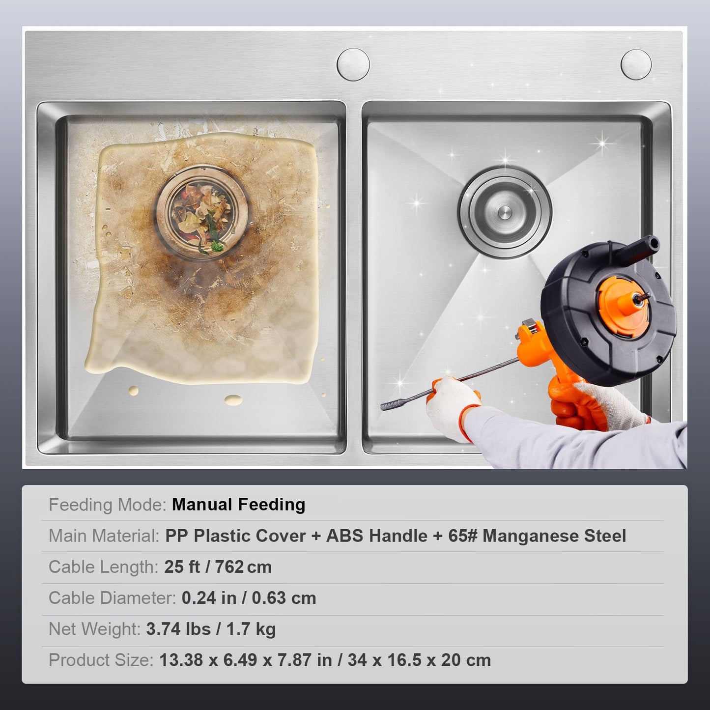 Drain Auger 762 cm, Plumbing Snake Auto Feed, Plumbers Snake with Drill Attachment, Pipe Snake Drain Clog Remover for Kitchen Bathroom Shower Sink with Protective Hose and Gloves