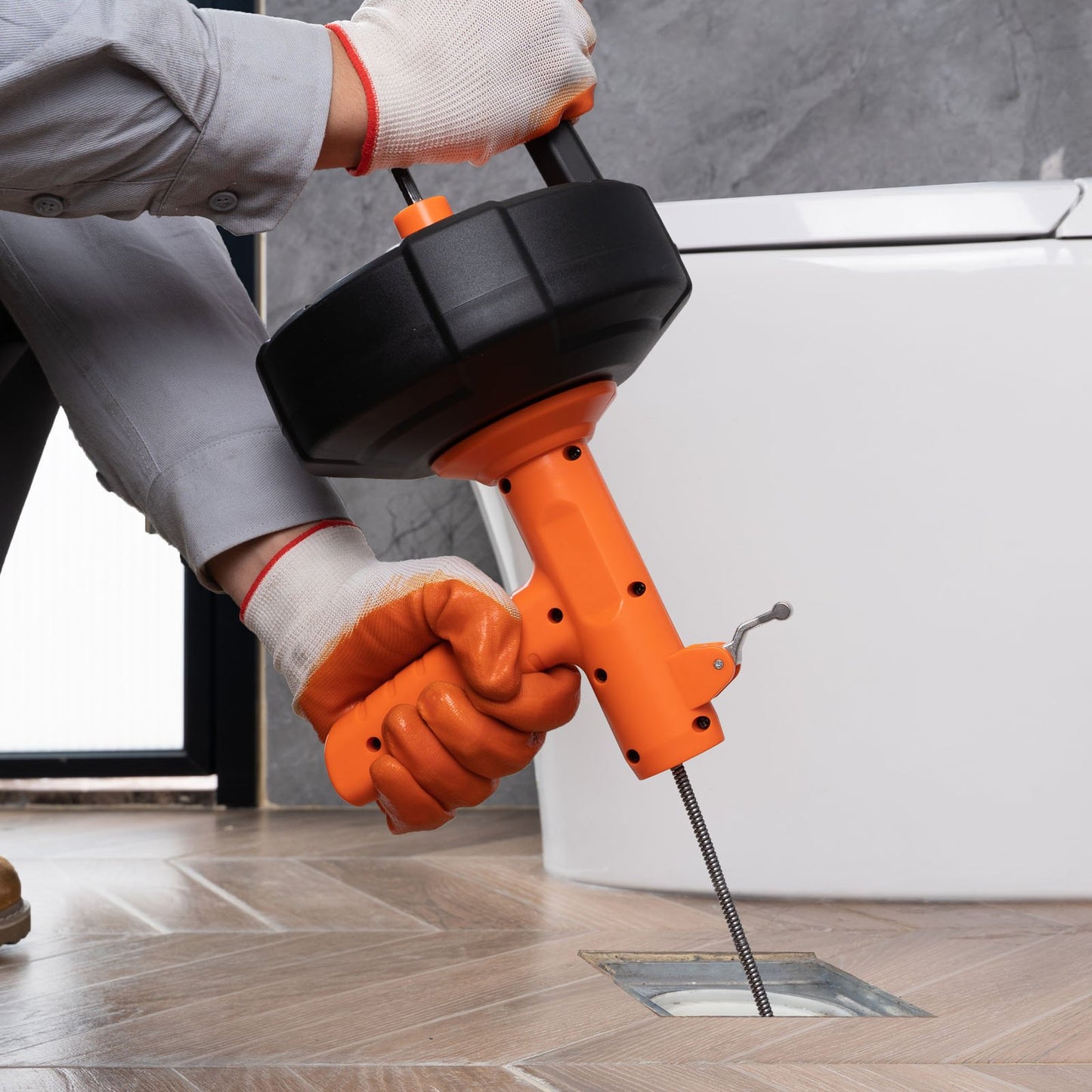 Drain Auger 762 cm, Plumbing Snake Auto Feed, Plumbers Snake with Drill Attachment, Pipe Snake Drain Clog Remover for Kitchen Bathroom Shower Sink with Protective Hose and Gloves