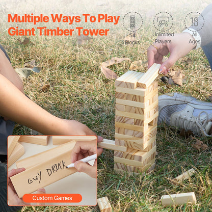 Tumbling Timber Toy, 54 Blocks Tumble Tower Blocks Game, Pine Wood Tumbling Tower Game with Storage Crate, Wooden Stacking Game for 1 or More Players, Tumble Tower Family Game for Indoor/Outdoor