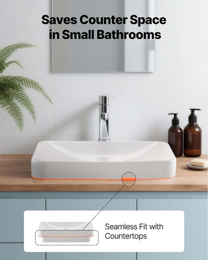 Semi Recessed Bathroom Sink, 490 x 305 mm Rectangular White Ceramic Vessel Sink with 45 mm Drain Hole, Drop in Modern Lavatory Vanity Bath Wash Bowl Basin, Rectangle for Bathroom Small Space