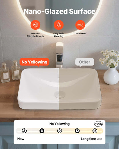 Semi Recessed Bathroom Sink, 490 x 305 mm Rectangular White Ceramic Vessel Sink with 45 mm Drain Hole, Drop in Modern Lavatory Vanity Bath Wash Bowl Basin, Rectangle for Bathroom Small Space