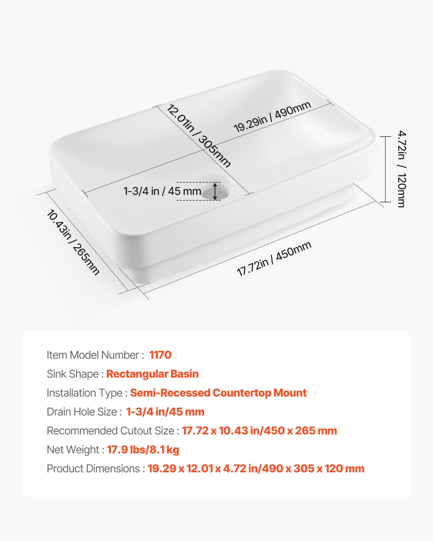 Semi Recessed Bathroom Sink, 490 x 305 mm Rectangular White Ceramic Vessel Sink with 45 mm Drain Hole, Drop in Modern Lavatory Vanity Bath Wash Bowl Basin, Rectangle for Bathroom Small Space