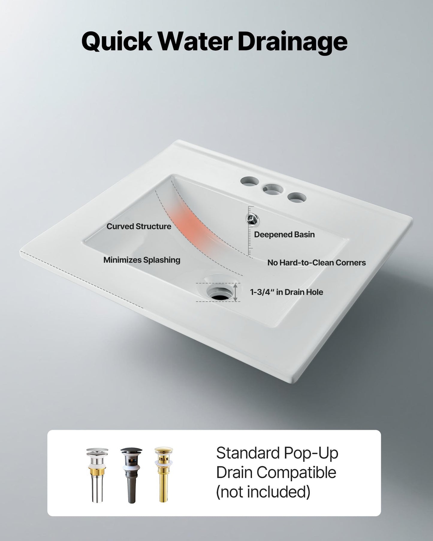Semi Recessed Bathroom Sink, 510 x 465 mm Rectangular White Ceramic Vessel Sink with Overflow and 3 Faucet Holes, Drop in Modern Lavatory Vanity Bath Wash Bowl Basin Rectangle for Small Space