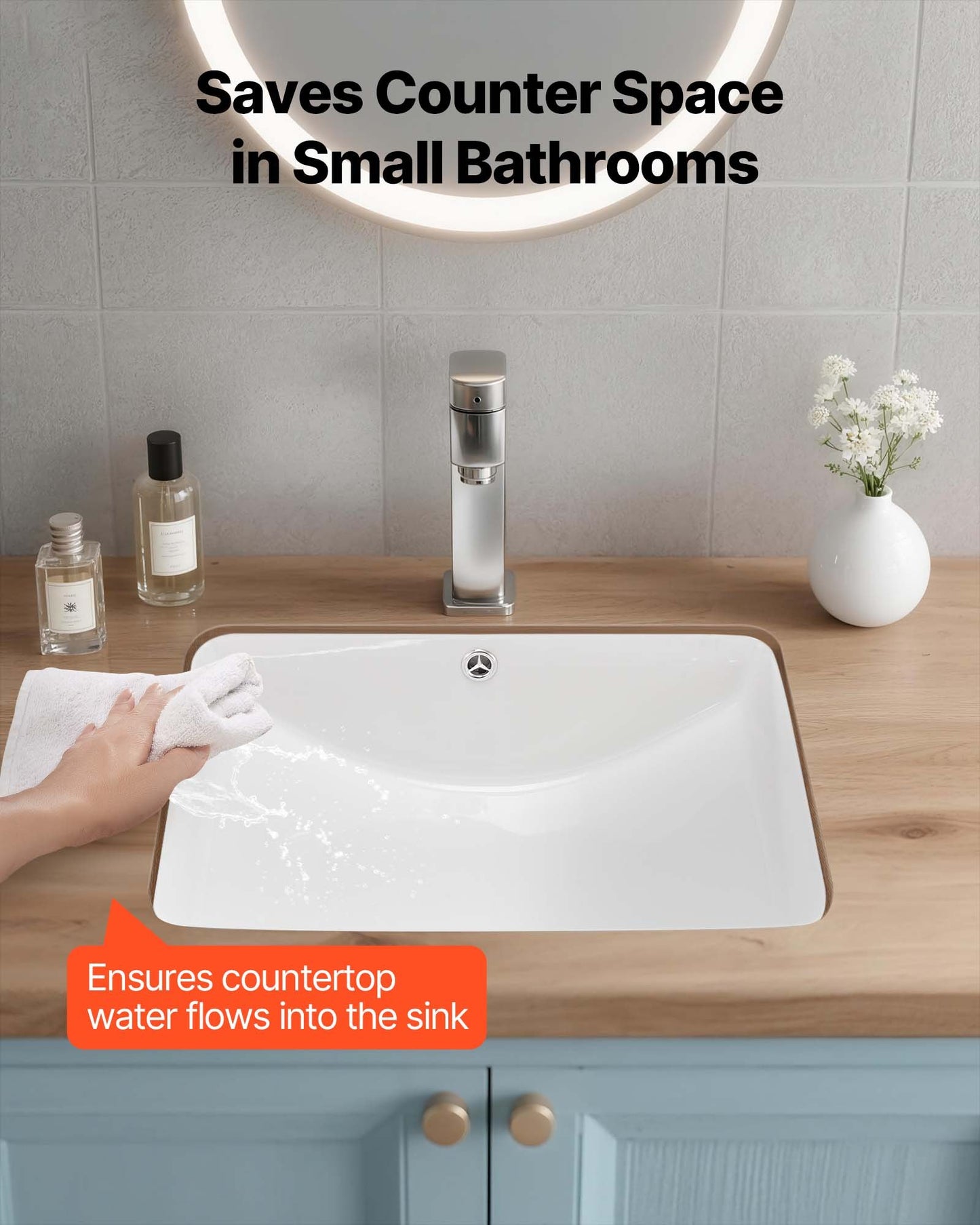 Undermount Bathroom Sink, 530 x 375 mm Rectangular White Ceramic Vessel Sink with Overflow Hole, Under Counter Drop in Modern Lavatory Vanity Bath Wash Bowl Basin, Rectangle for Small Space