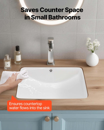 Undermount Bathroom Sink, 530 x 375 mm Rectangular White Ceramic Vessel Sink with Overflow Hole, Under Counter Drop in Modern Lavatory Vanity Bath Wash Bowl Basin, Rectangle for Small Space