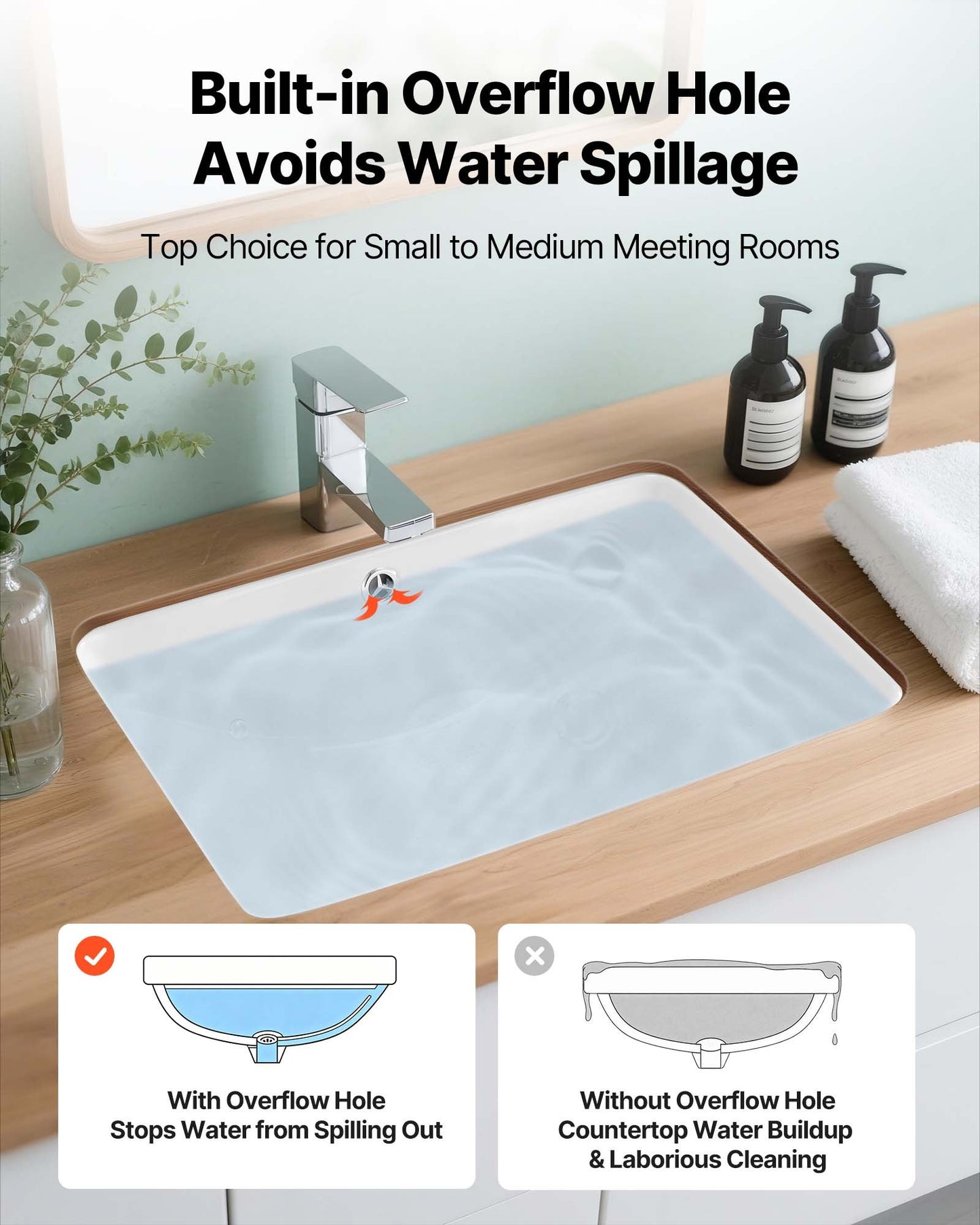 Undermount Bathroom Sink, 530 x 375 mm Rectangular White Ceramic Vessel Sink with Overflow Hole, Under Counter Drop in Modern Lavatory Vanity Bath Wash Bowl Basin, Rectangle for Small Space