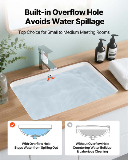 Undermount Bathroom Sink, 530 x 375 mm Rectangular White Ceramic Vessel Sink with Overflow Hole, Under Counter Drop in Modern Lavatory Vanity Bath Wash Bowl Basin, Rectangle for Small Space