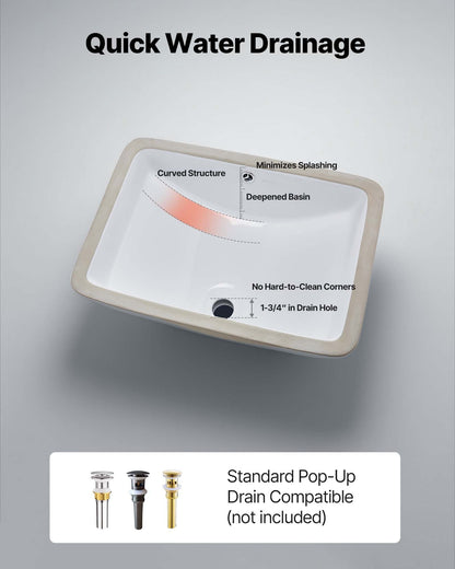 Undermount Bathroom Sink, 530 x 375 mm Rectangular White Ceramic Vessel Sink with Overflow Hole, Under Counter Drop in Modern Lavatory Vanity Bath Wash Bowl Basin, Rectangle for Small Space