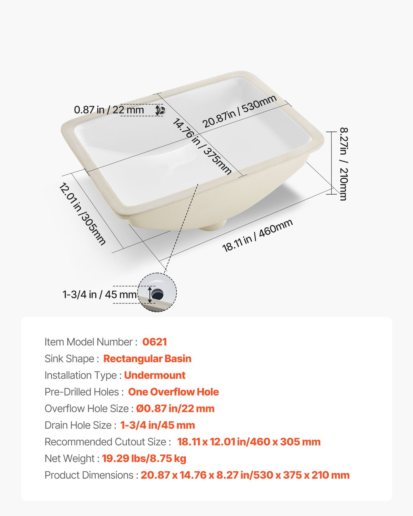 Undermount Bathroom Sink, 530 x 375 mm Rectangular White Ceramic Vessel Sink with Overflow Hole, Under Counter Drop in Modern Lavatory Vanity Bath Wash Bowl Basin, Rectangle for Small Space
