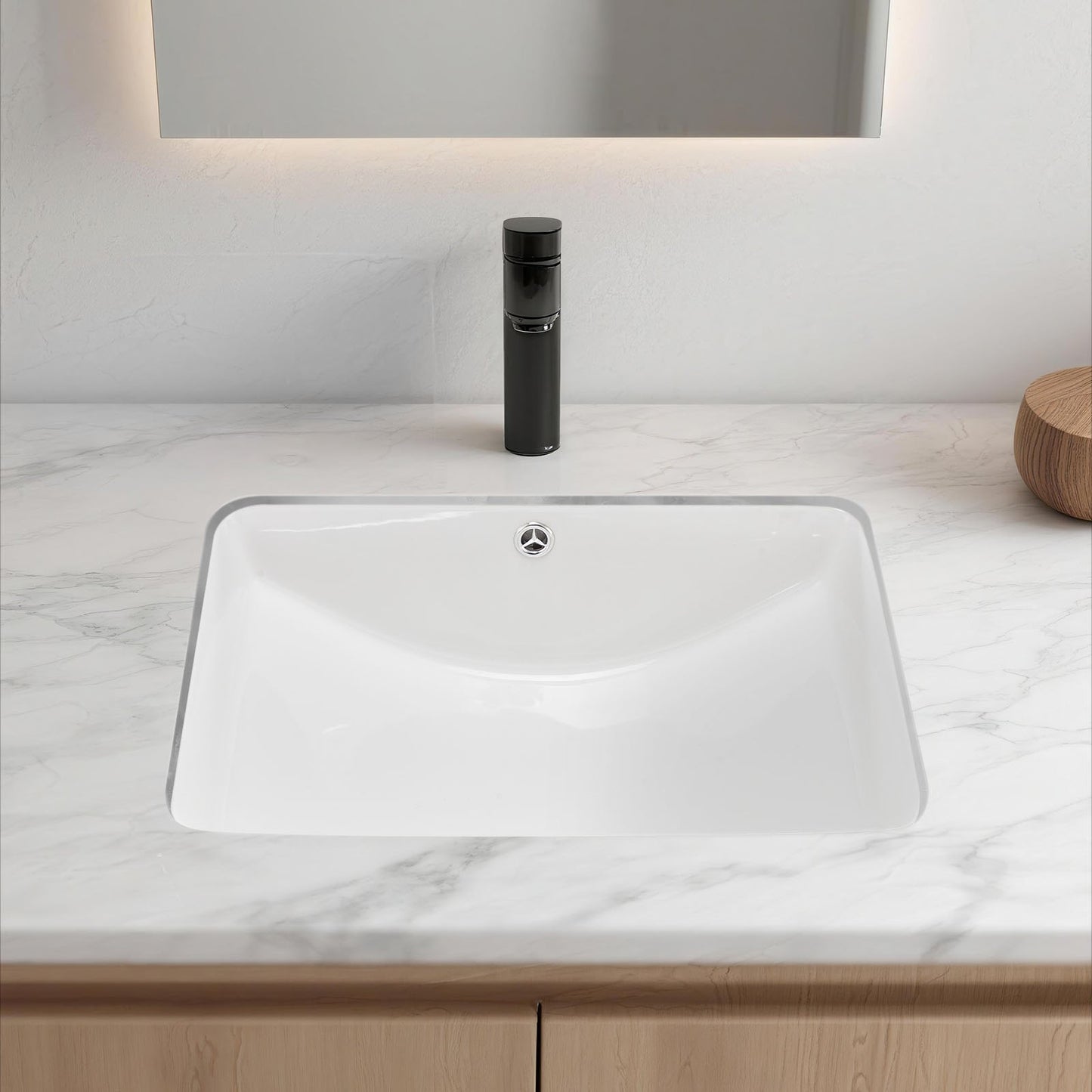 Undermount Bathroom Sink, 530 x 375 mm Rectangular White Ceramic Vessel Sink with Overflow Hole, Under Counter Drop in Modern Lavatory Vanity Bath Wash Bowl Basin, Rectangle for Small Space